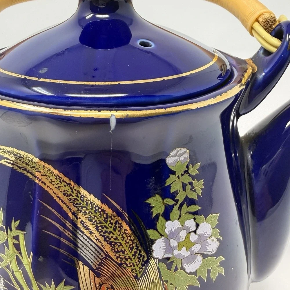Vintage Japanese Cobalt Blue Gold Teapot Pheasant Bamboo Rattan Handle 7.5